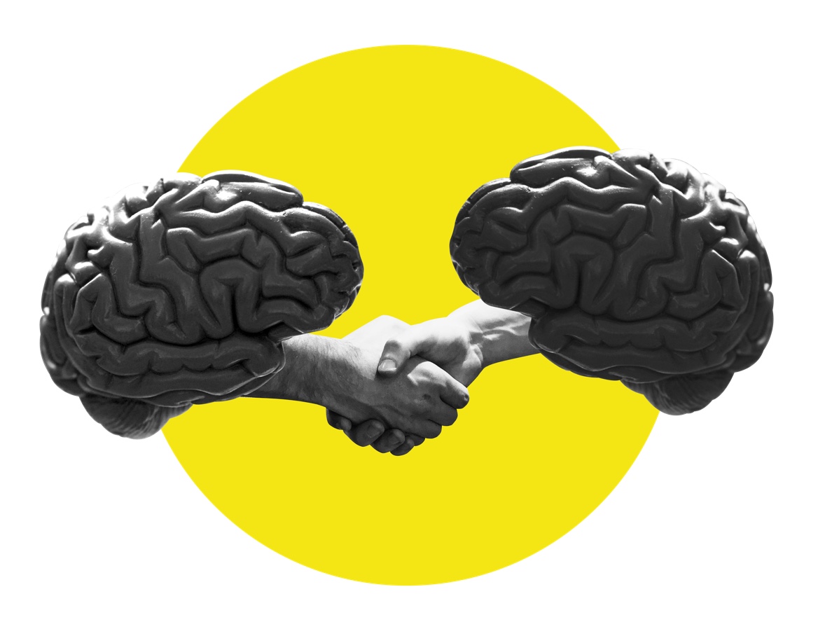 Image of brains with hands that are holding hands.